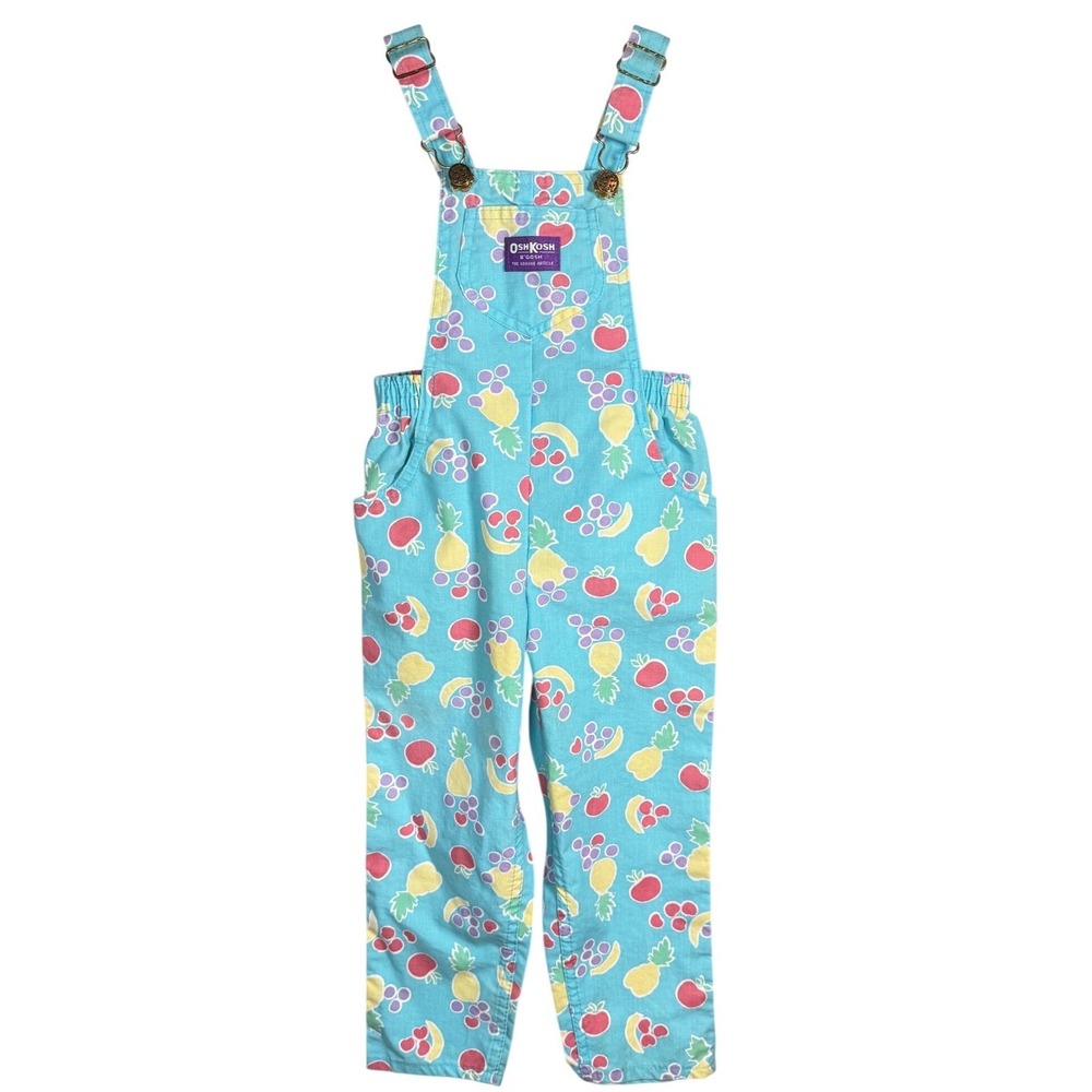 Vintage OshKosh Bgosh Fruit Print Overalls Kids Turquoise Vestbak USA Made Sze 5